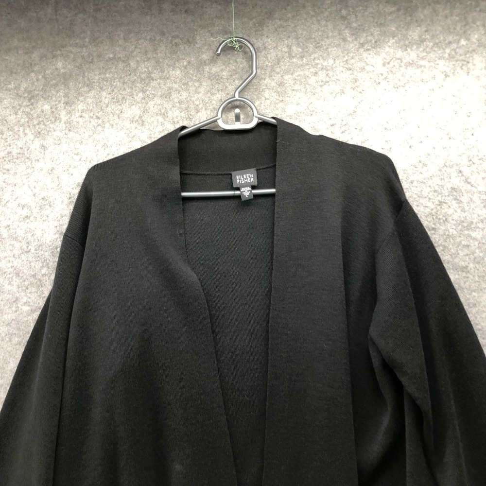 Vintage Eileen Fisher 100% Wool Italian Yarn Open Front Cardigan Jacket Black L - Picture 3 of 9